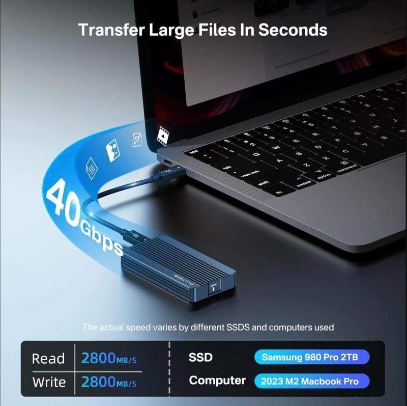 ACASIS TBU405 connected to a MacBook Pro — ACASIS lab testing with a Samsung 980 Pro 2TB reports read and write speeds around 2800MB/s over the 40Gbps USB4 link.