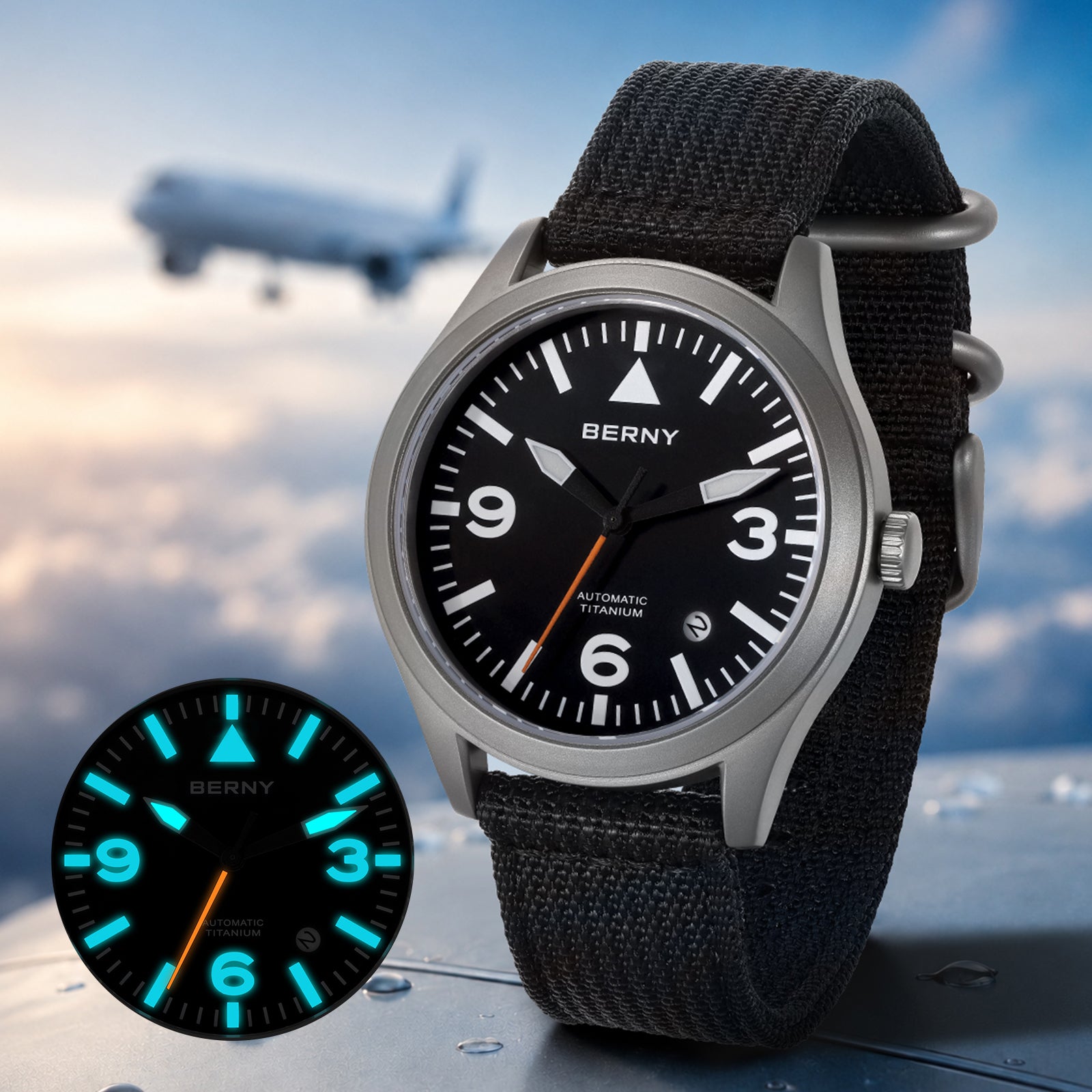 The high-contrast dial with bold numerals, a 12 o'clock triangle marker, and orange seconds hand keeps readability sharp — the Super-Luminous coating holds a vivid cyan glow for hours after light exposure