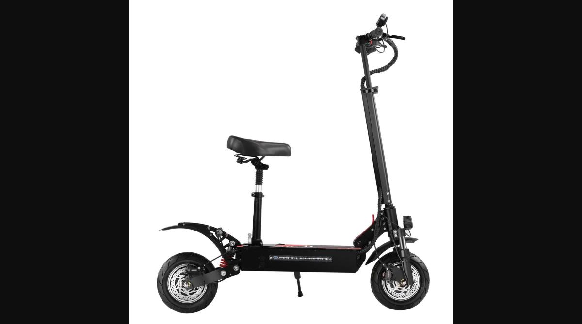 The Q7 PRO from the side — the included saddle seat, 10-inch vacuum tires, and dual hydraulic disc brakes visible from this angle show the scooter's substantial build despite its foldable, city-commuter design.