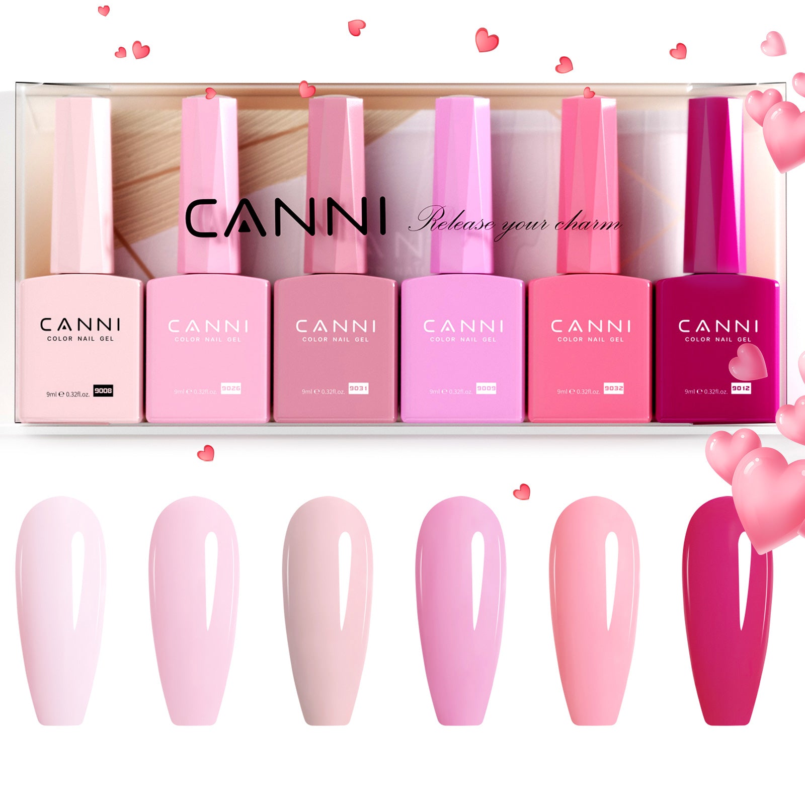 A closer angled shot of one 6-bottle color set (shade group 2302) still in its window box, showing the actual bottle design and CANNI branding