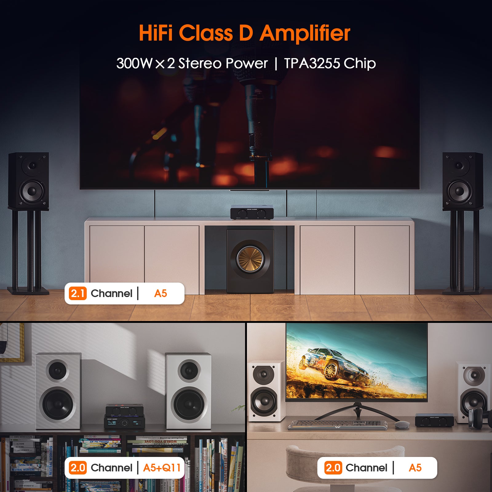 The A5 in a 2.0-channel desktop setup driving a pair of bookshelf speakers — Douk Audio's own lifestyle photo from the product page