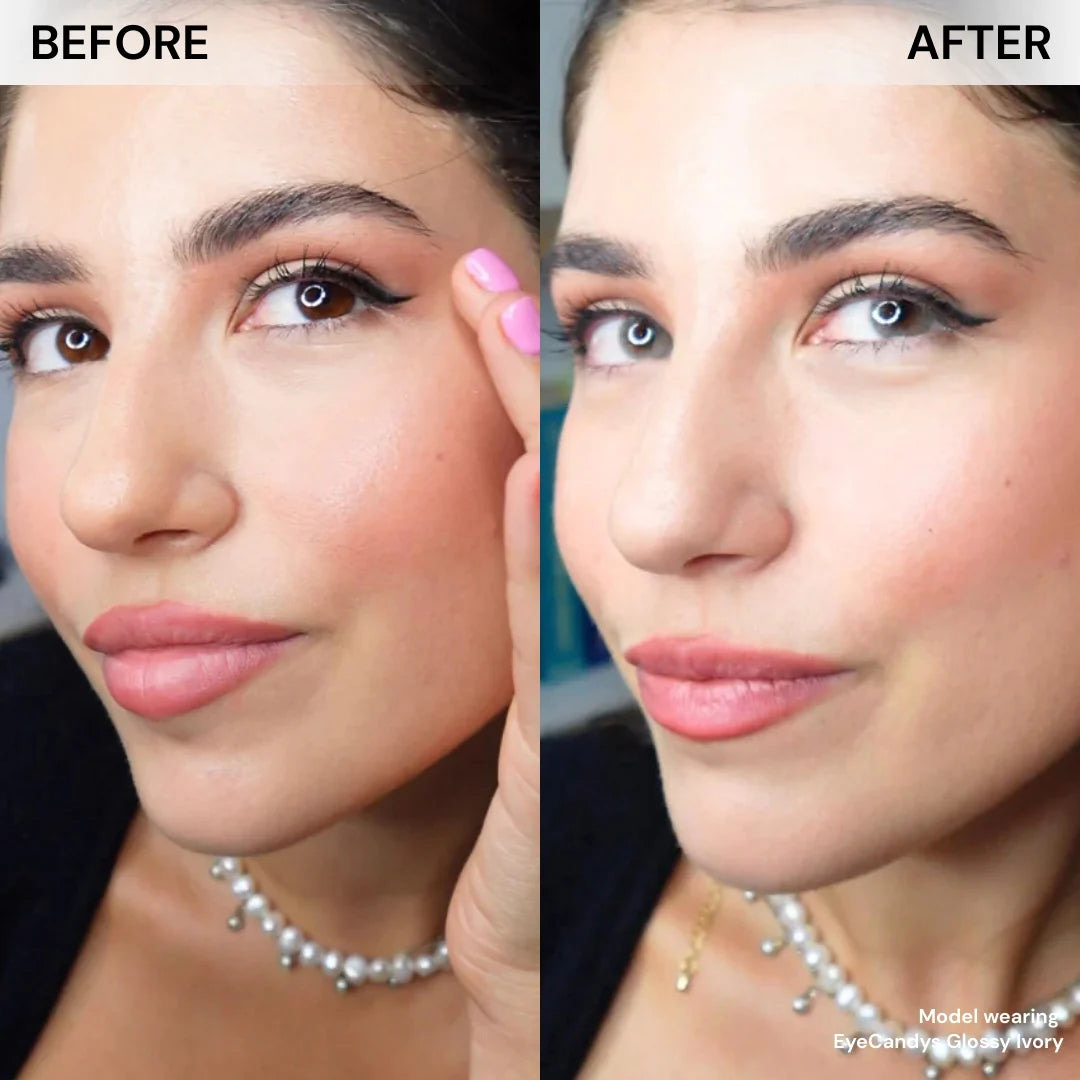 EyeCandys' own before/after model photo — a lighter-eyed model shown for contrast, not the shade's typical dark-eye result