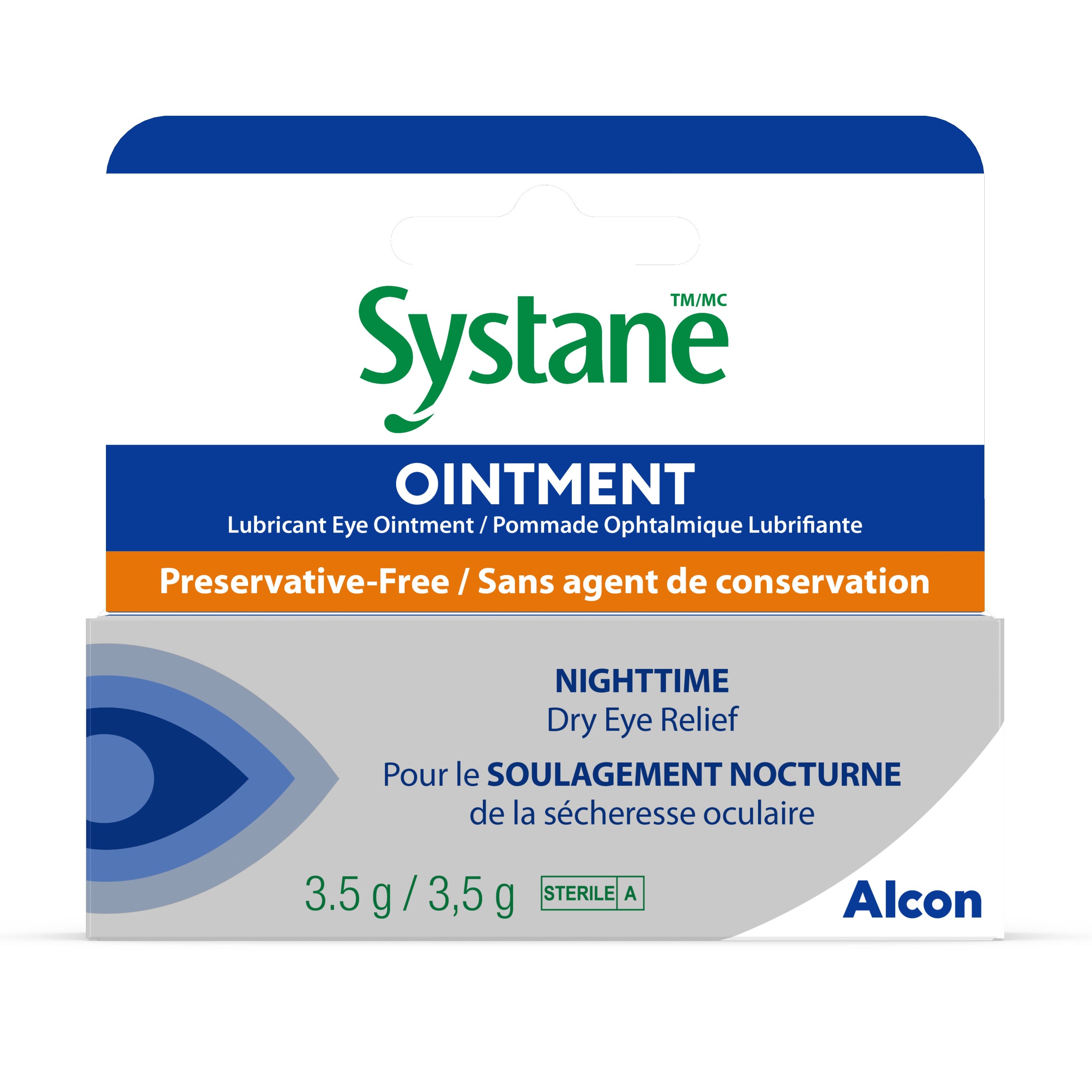 The retail box, showing the full Systane Ointment labeling: preservative-free, 3.5g, nighttime dry eye relief