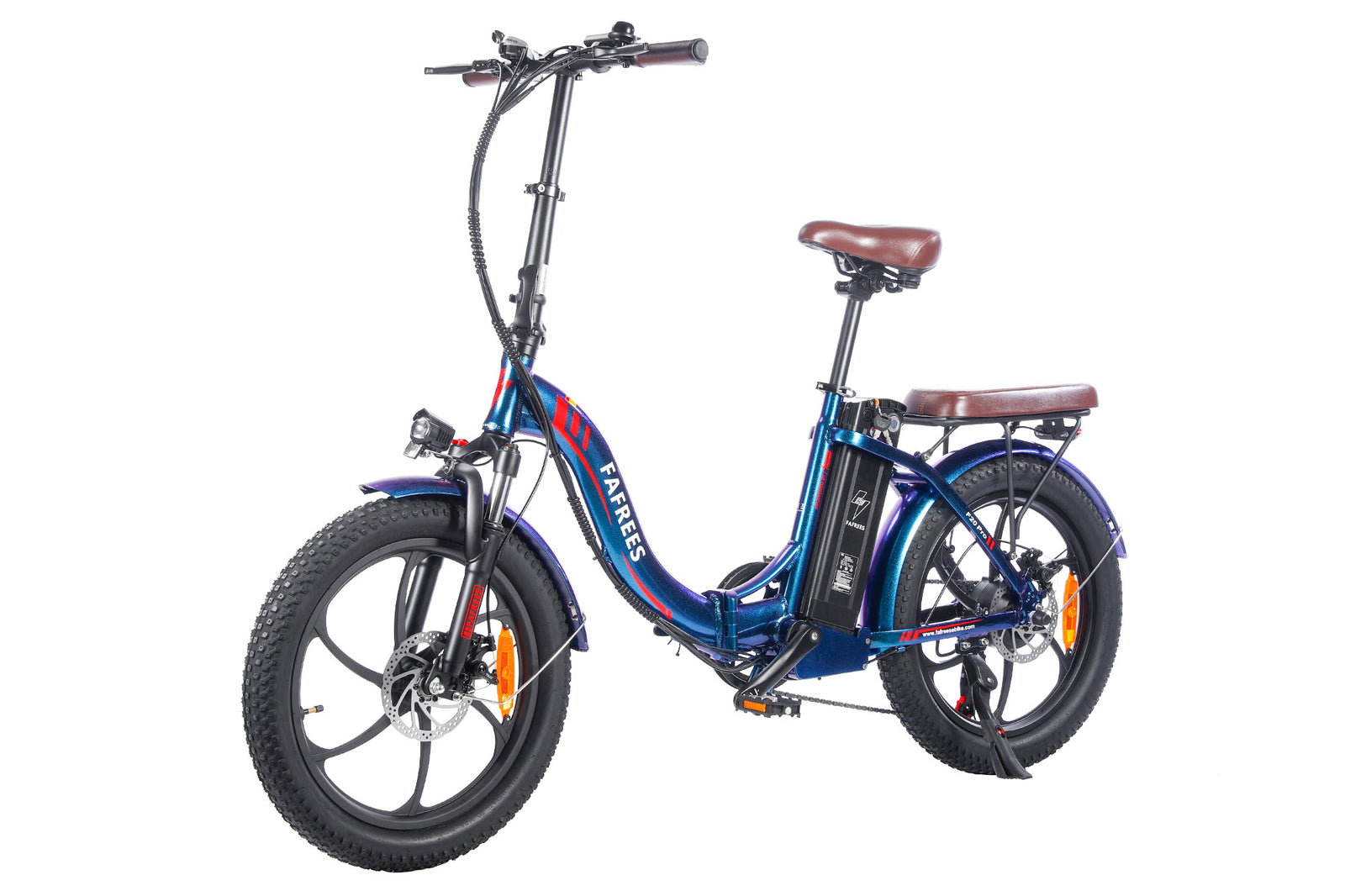 The F20 Pro's folding frame and mechanical disc brakes, shown from a 3/4 angle rather than a straight studio shot