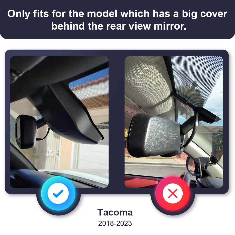 Real customer installation photos showing the camera mounted behind the factory mirror cover on a Tacoma