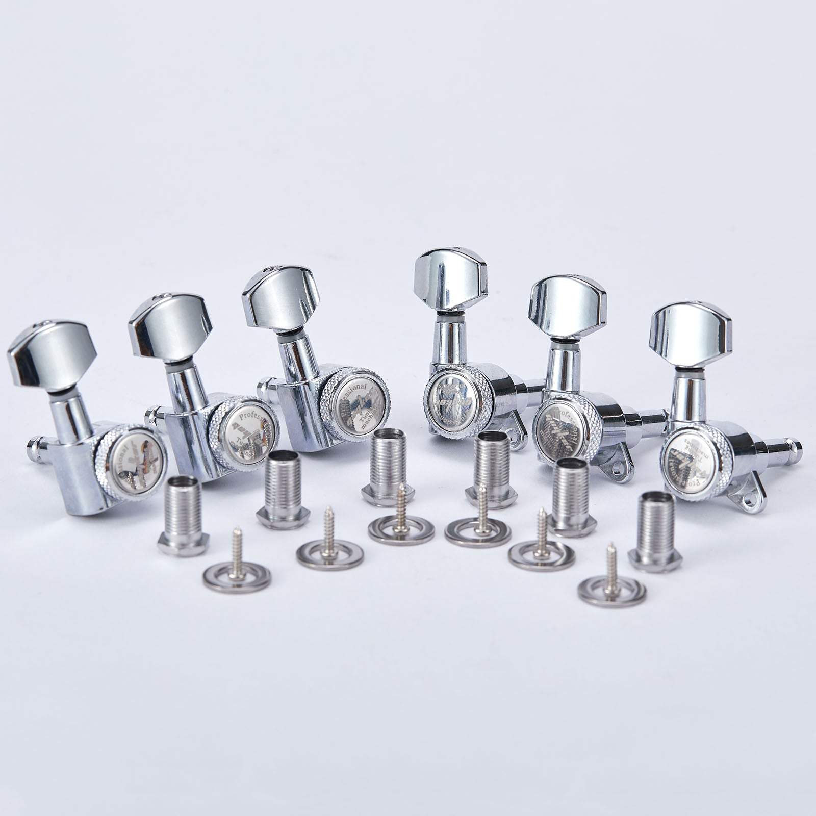 The full included hardware set — bushings, mounting screws, and ferrules for all six tuners