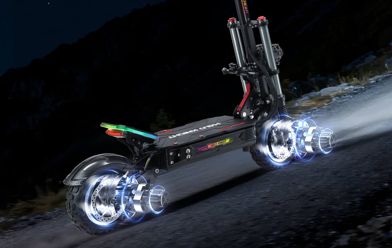 The T107Pro's dual off-road tires, disc brakes, and front/rear suspension shown in HALO KNIGHT's own action photography, not just a flat studio shot