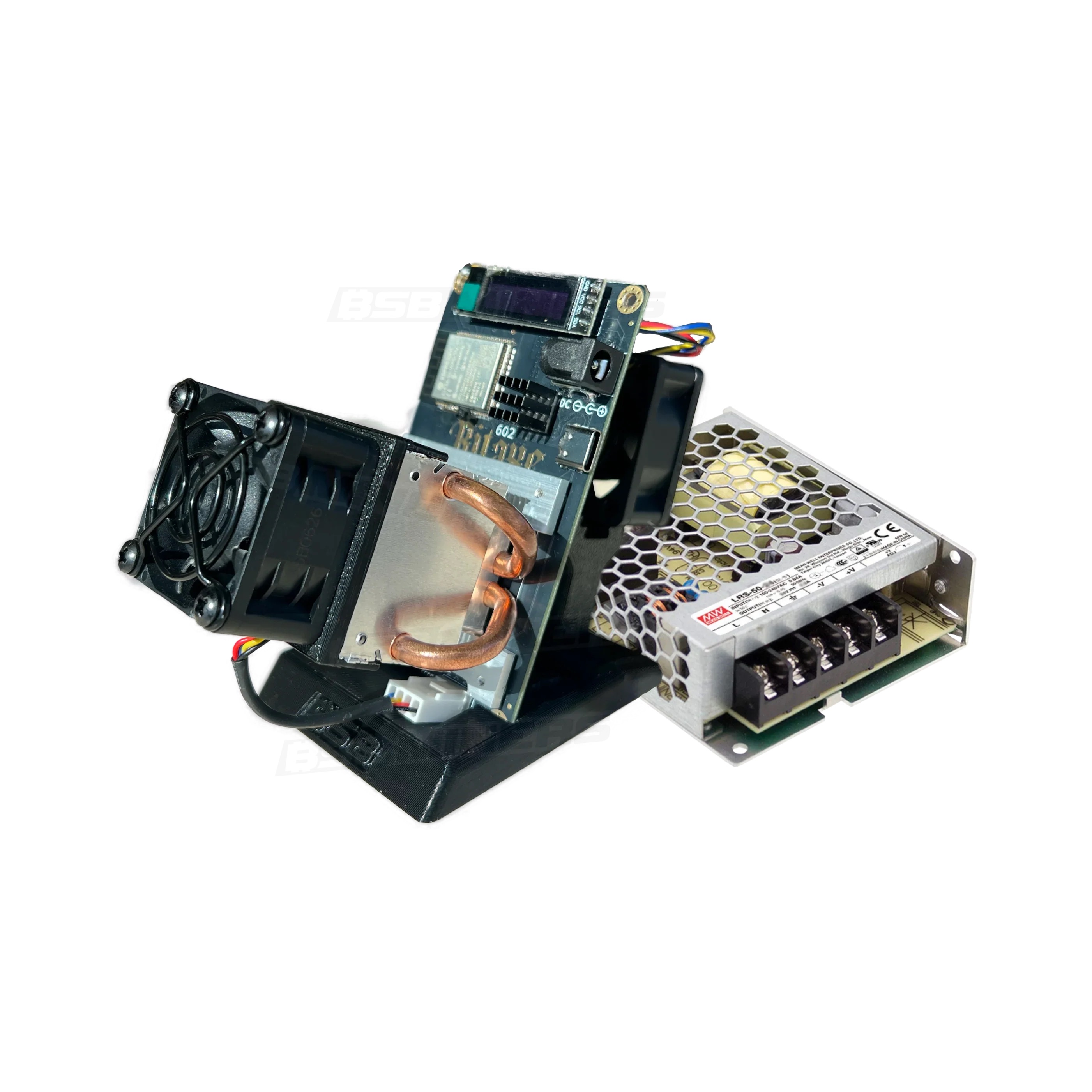 The Bitaxe board shown with the included MEANWELL 5V 10A power supply that ships in the box