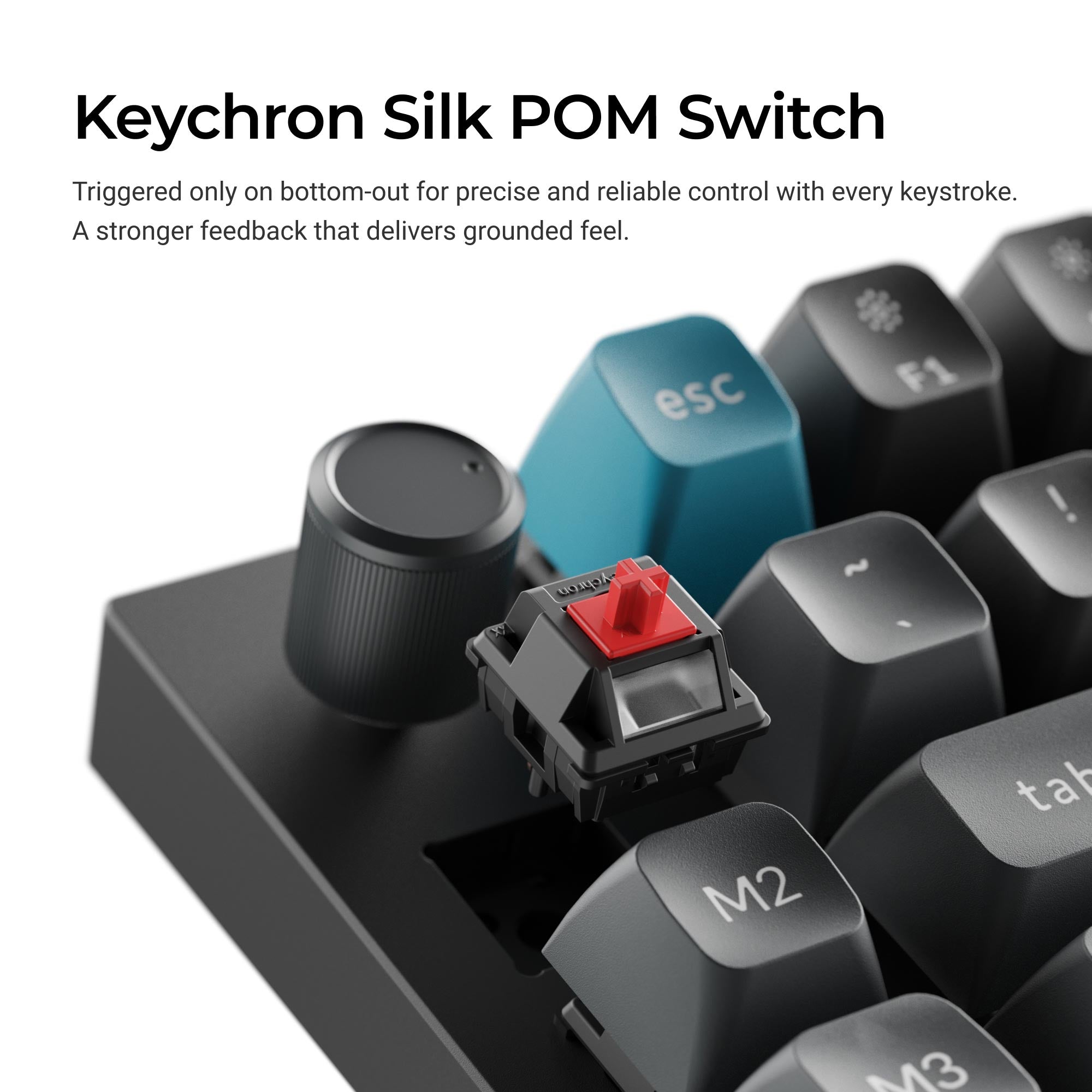 A close-up of the actual Keychron Silk POM switch and knob, not just a rendered feature graphic