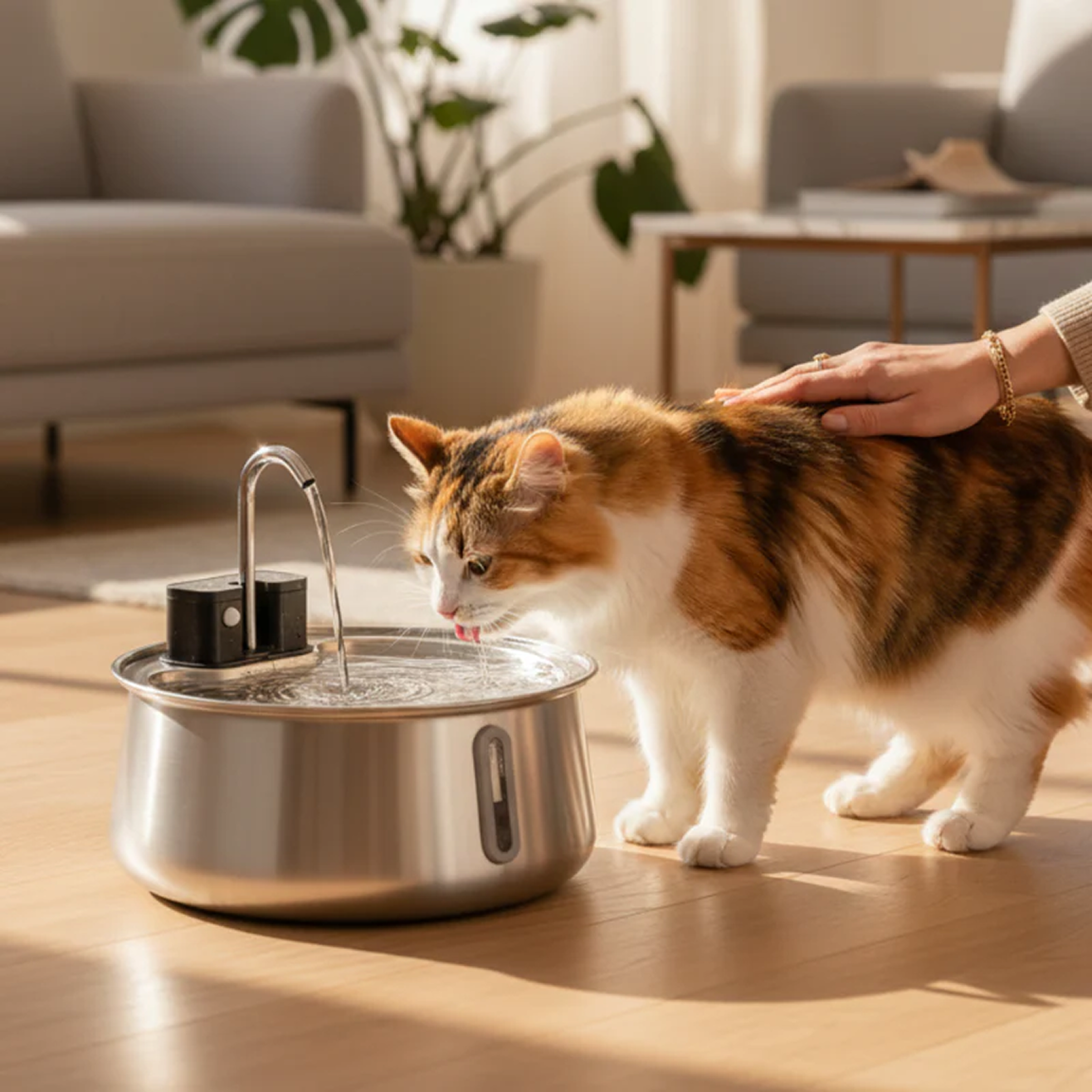 A real in-use shot showing the faucet-style flow and the fountain's low profile next to a cat actively drinking
