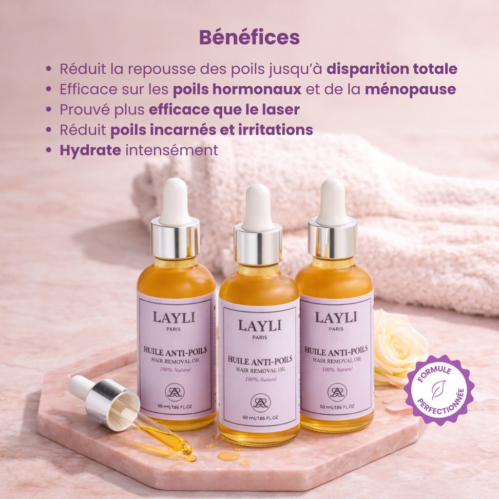 Three bottles of the Huile Anti-Poils styled on a marble tray, as shown in Layli's own product-page benefits graphic