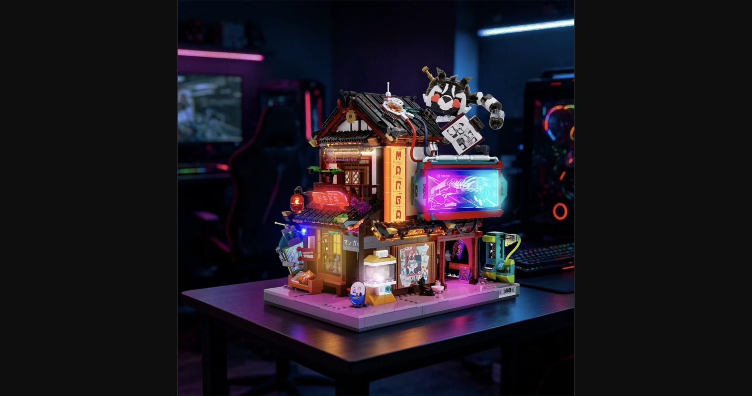 The Manga Shop displayed on a desk in a gaming room setup, LED lighting fully activated – showcasing the neon glow effect in a dark environment.