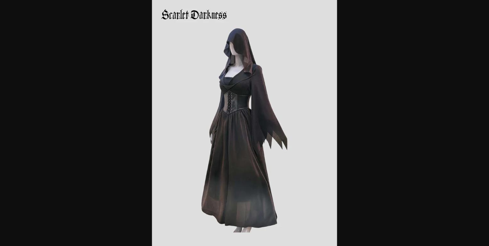 Scarlet Darkness Gothic Hooded Vampire Maxi Coat Dress — side angle showing the integrated hood, jagged pointed sleeves, faux leather lace-up corset, and gradient floor-length skirt.