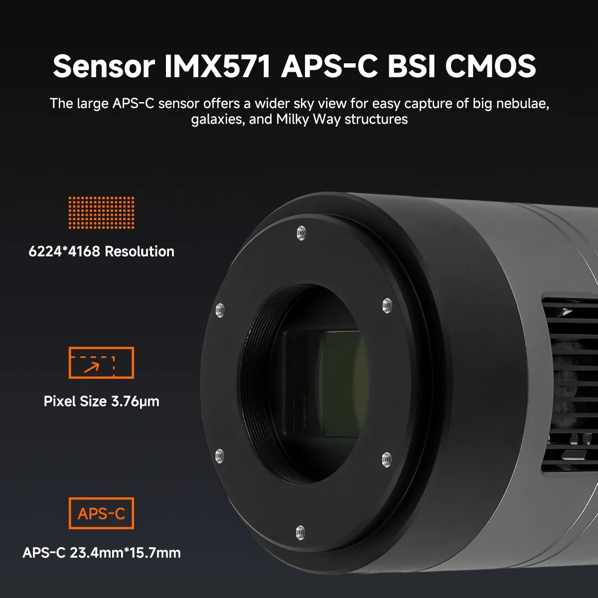 The IMX571 sensor and M42×0.75 mount up close — the same Sony sensor used in cameras costing hundreds more