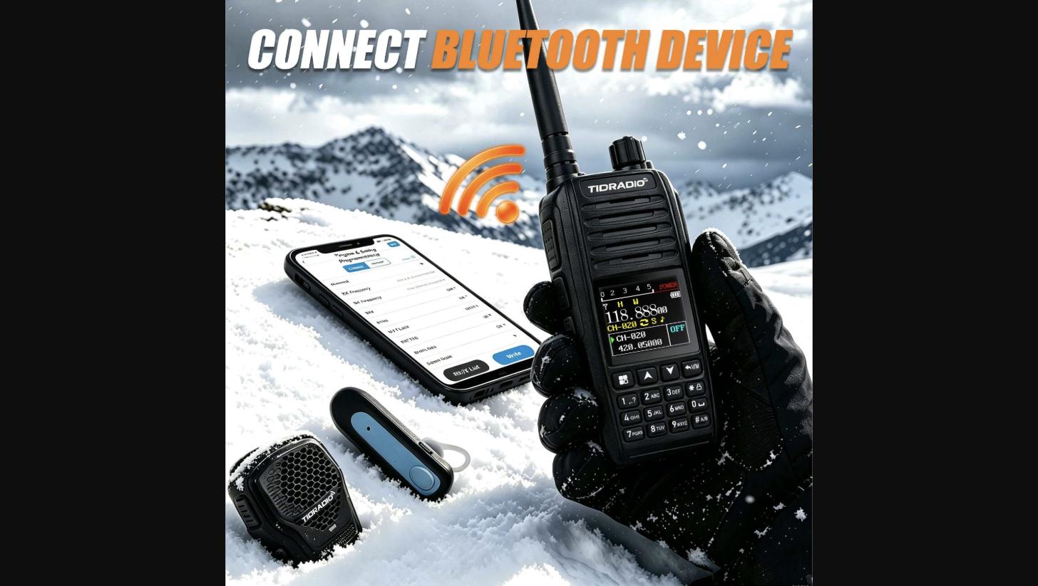 The TD-638 in use outdoors in winter conditions, showing Bluetooth device connectivity alongside the TIDRADIO smartphone programming app and a Bluetooth speaker mic.