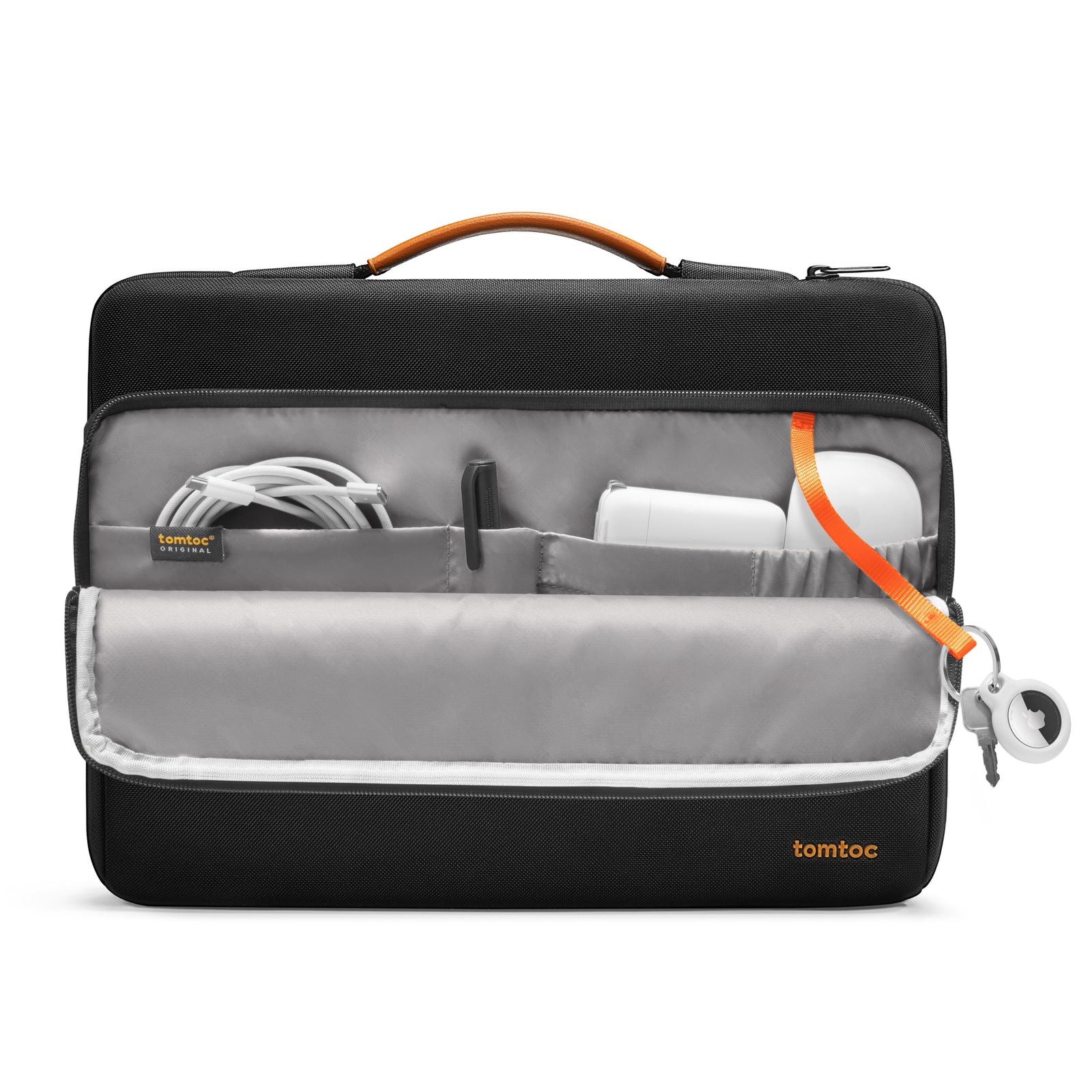 The front organizer pocket open, showing the charger/cable sleeves and AirTag loop