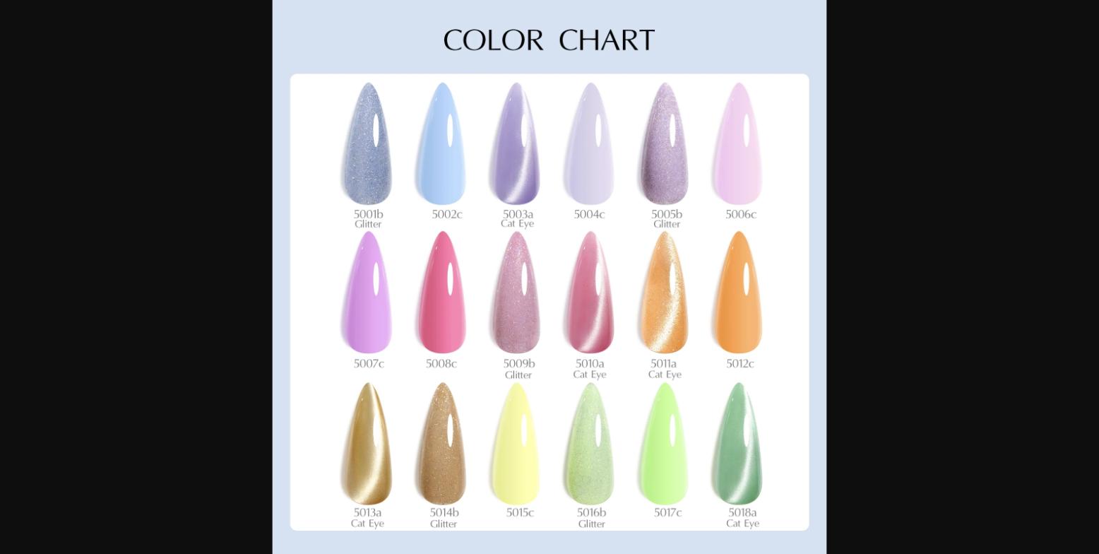 Full color chart for the Venalisa V1 Gel Polish Set showing all 18 shades (#5001–#5018) with finish type labeled — Glitter (5001b, 5005b, 5009b, 5014b, 5016b), Cat Eye (5003a, 5010a, 5011a, 5013a, 5018a), and Solid (5002c, 5004c, 5006c, 5007c, 5008c, 5012c, 5015c, 5017c).